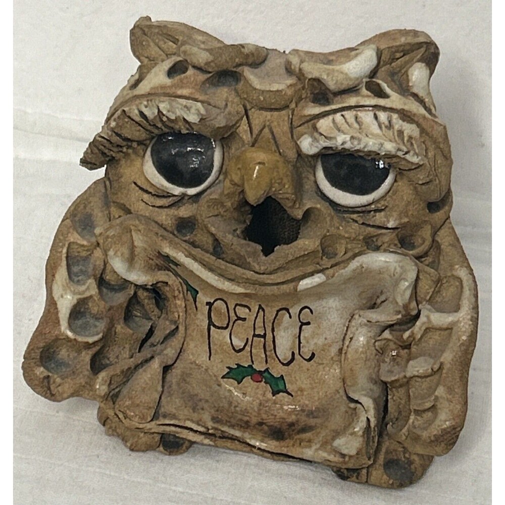 Max Hindt Clay Owl Christmas Whimsy Heavy Vintage Signed Pottery PEACE sign